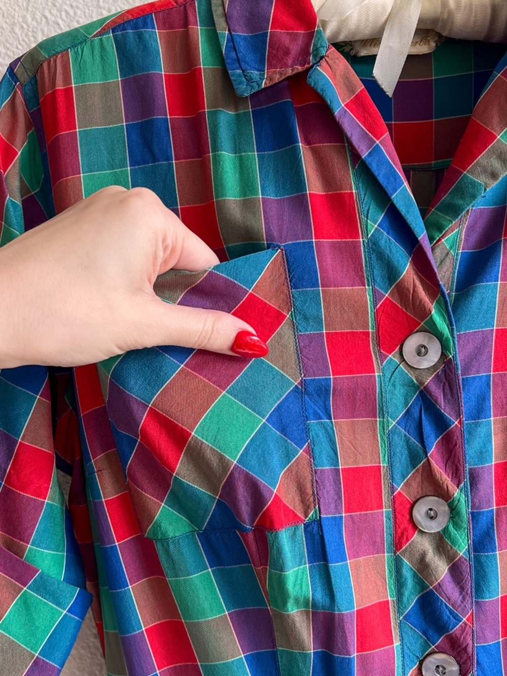 Gorgeous Vintage 1950s Red, Green, and Blue Plaid Silk Dress (S) - Picture 8 of 15